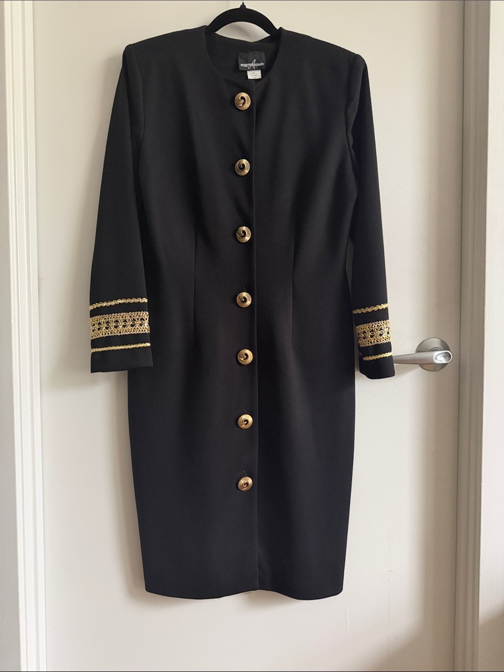 Positive Attitude VintageBlack Long Sleeve Dress with Gold Buttons and Cuff Trim
